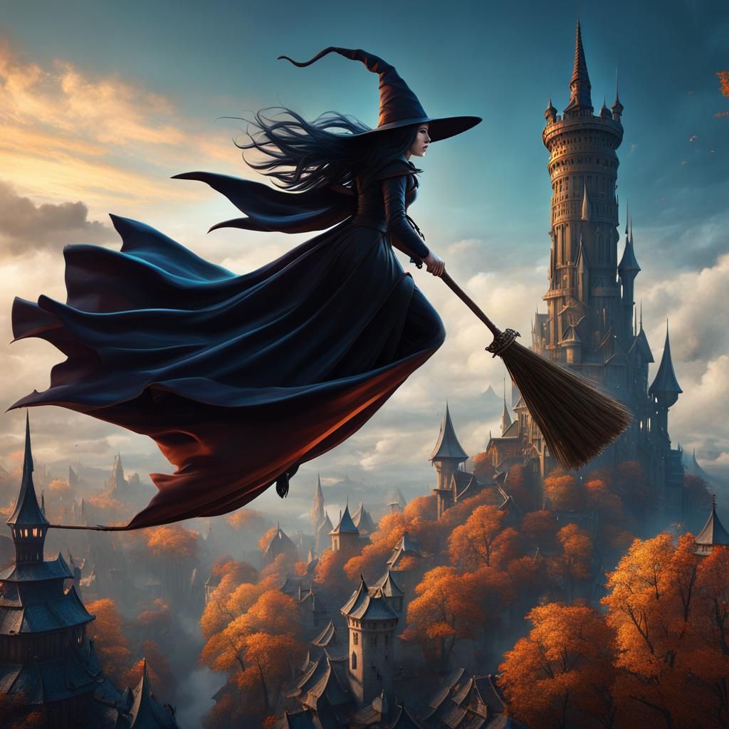 Fantasy Witch Flying to Tower, Detailed Matte Painting