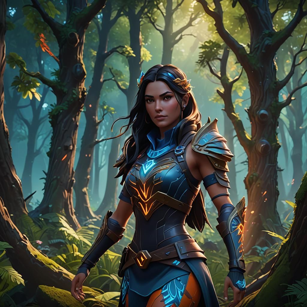 Young Woman in Mystical Forest, Fortnite Style