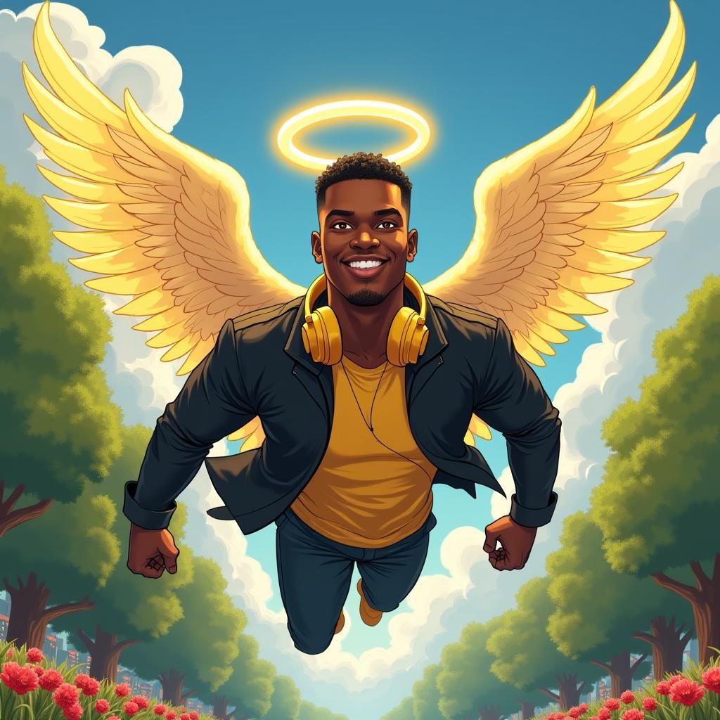 Joyful Black Angel Soaring in City Park, Comic Book Style