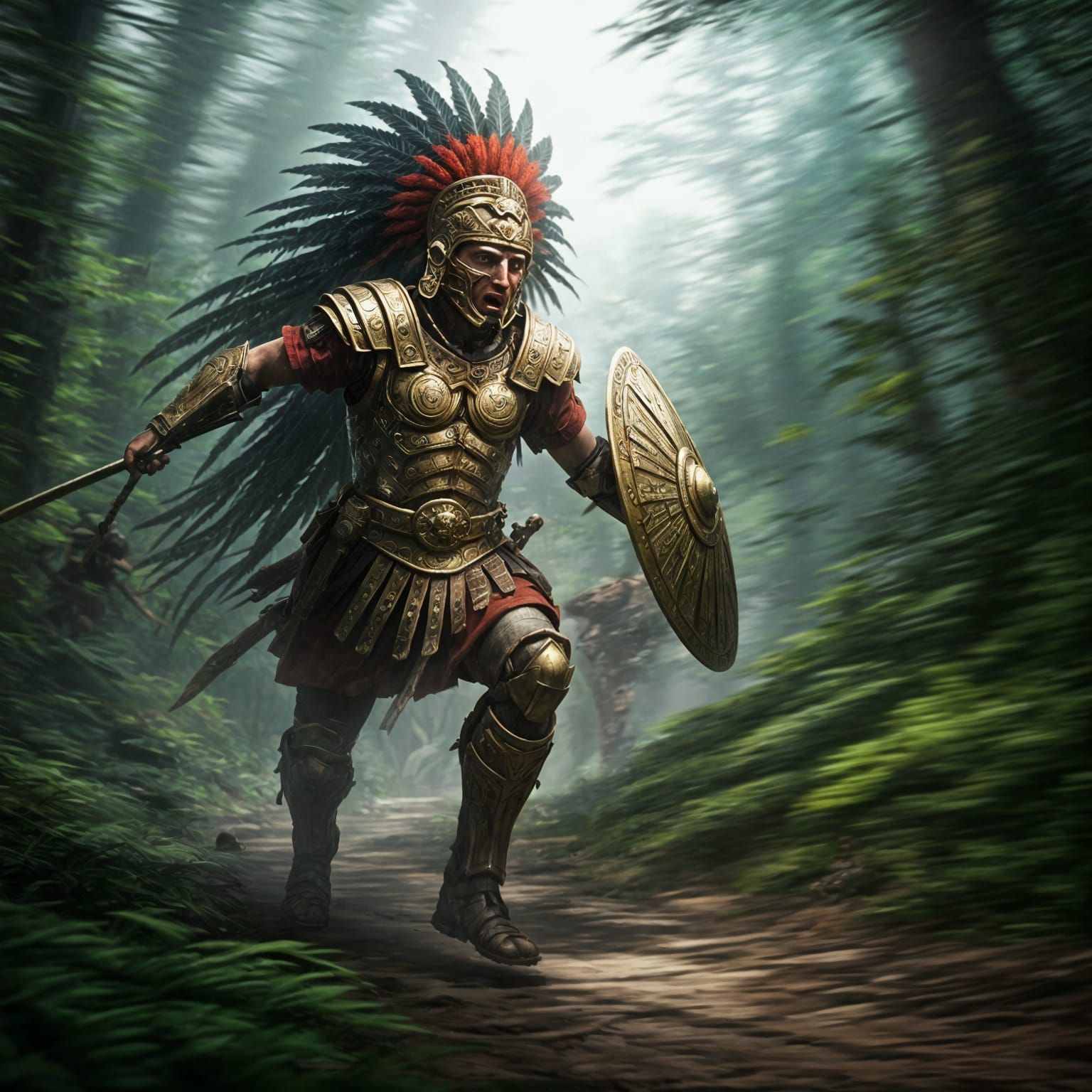 Roman-Mesoamerican Soldiers Chase Foe Through Jungle