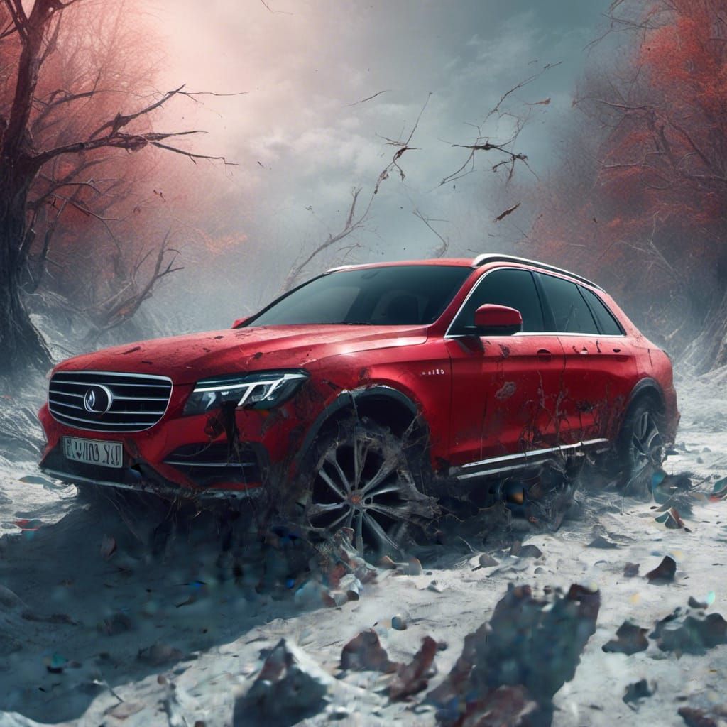 Macabre Abandoned Road with Broken Car and Zombies