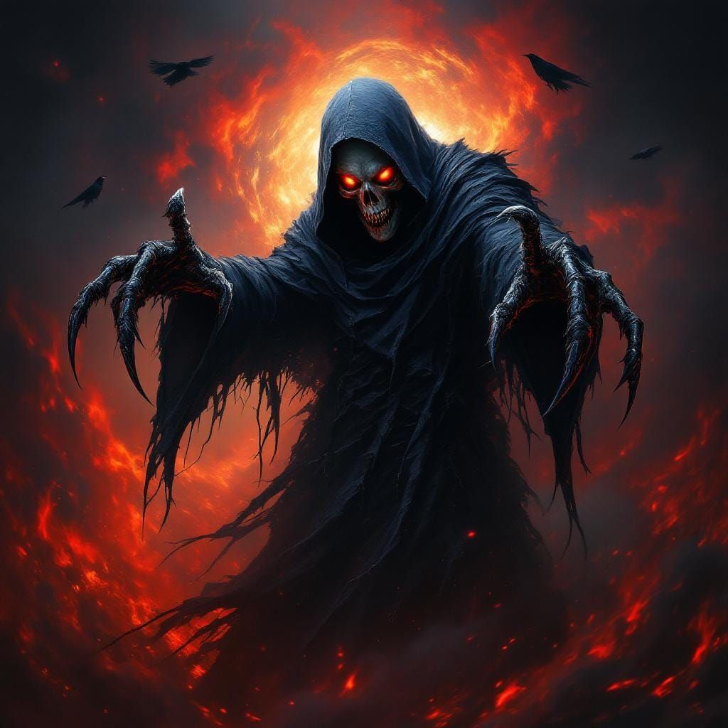 Grim Reaper Portrait with Fiery Inferno, Gothic Horror Reali...