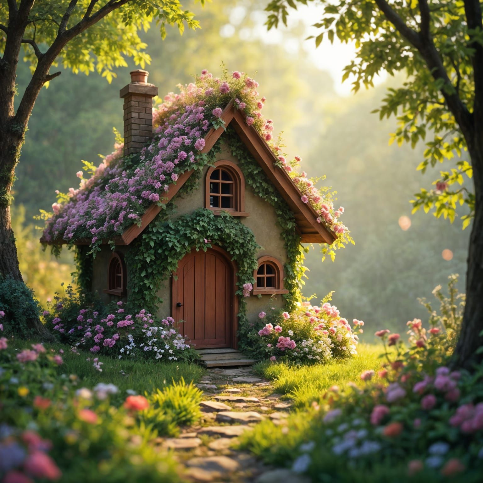 Floral Cottage in Secret Garden: Hyperrealistic 3D Render
