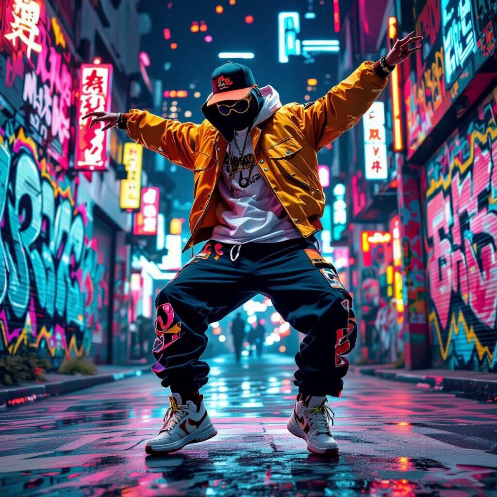 Hip Hop Dancer in Cityscape Graffiti, Pop Surrealism