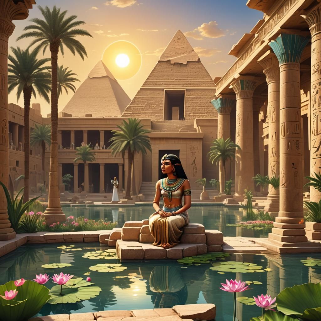 Ancient Egyptian Palace with Lotus Pond and Pyramids