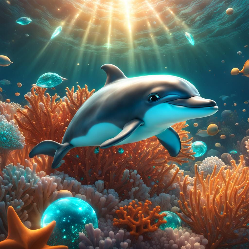 Luminous Baby Dolphin in Art Nouveau Style