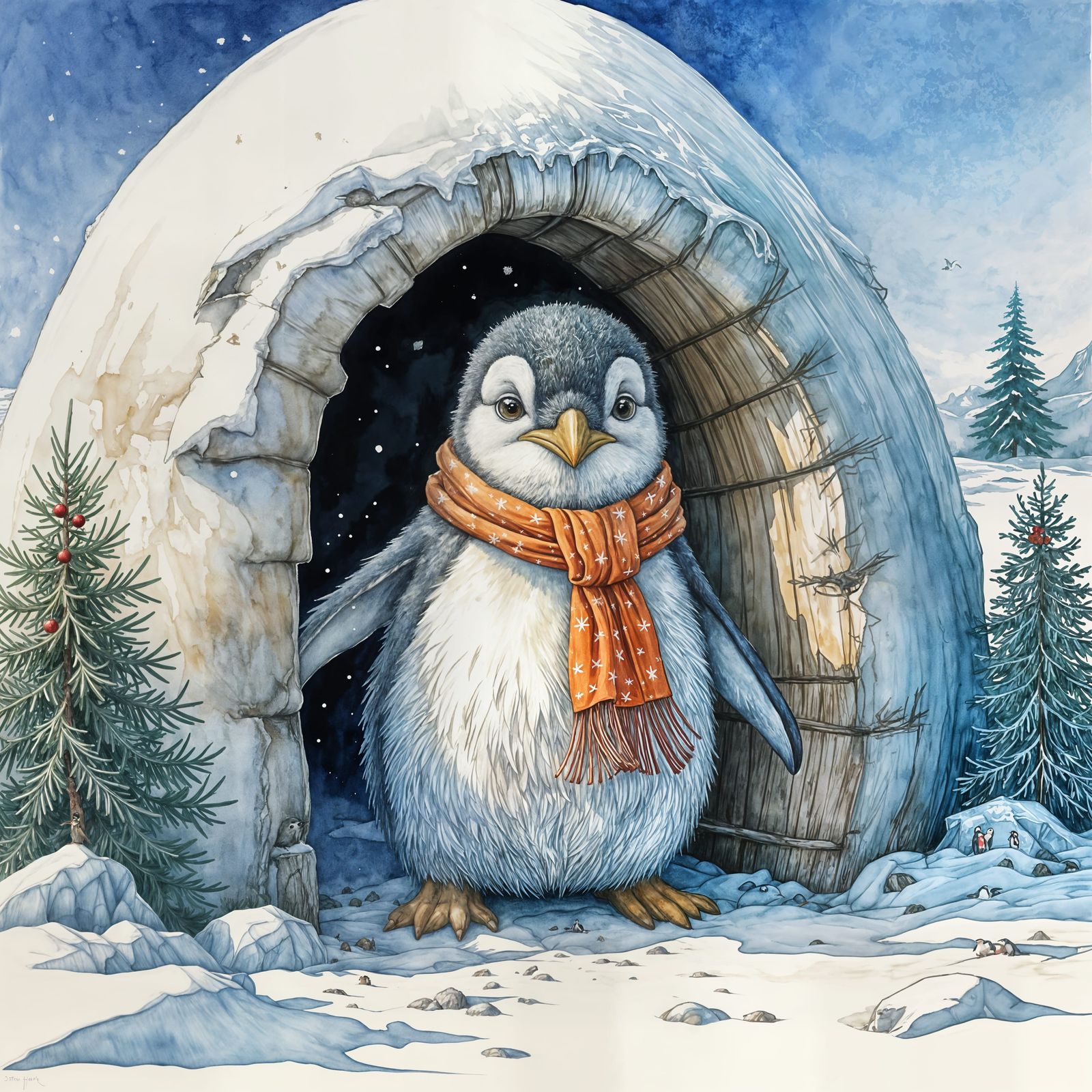 Penguin Decorates Igloo in Vintage Watercolor Style