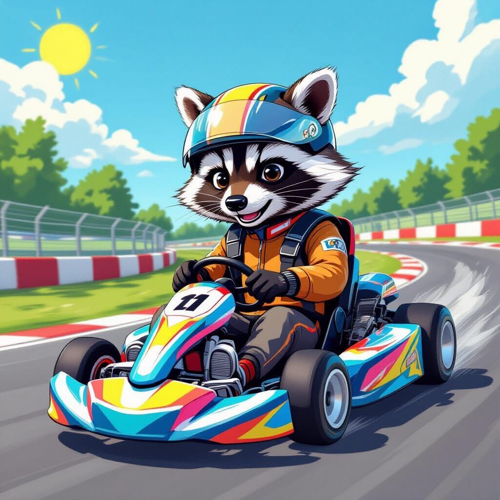 Raccoon Races Go-Kart in Whimsical Style