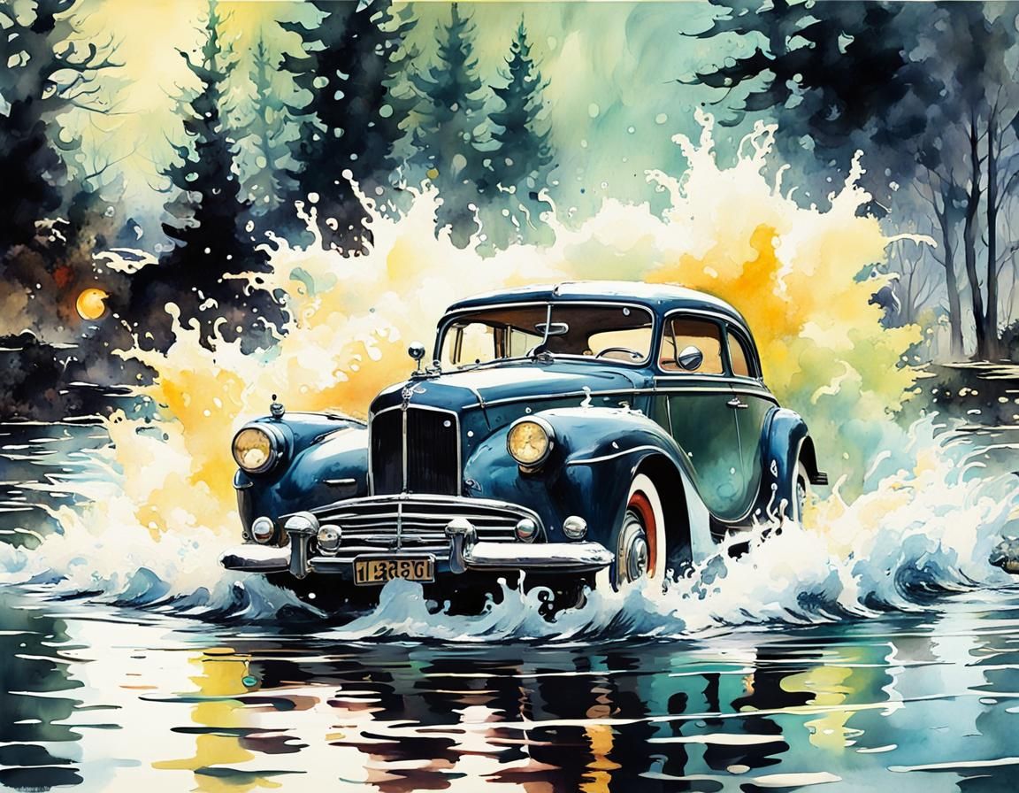 A classic car in deep water, ink spirit, ink flow and waterc...