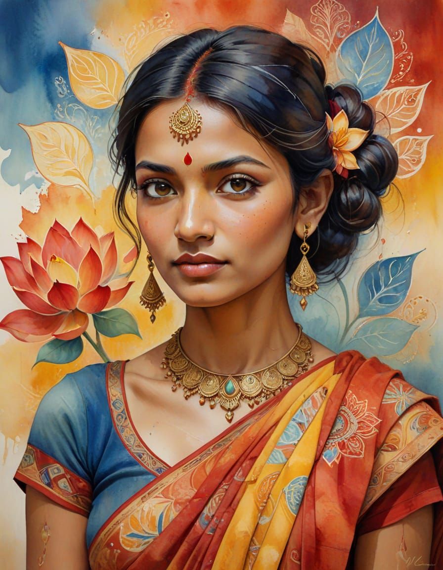 Indian Woman Portrait in Watercolor Mural Style