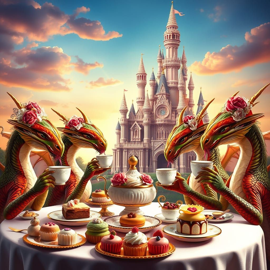 Dragons in Fancy Hats Enjoy Tea Party Amidst Castle Made of ...