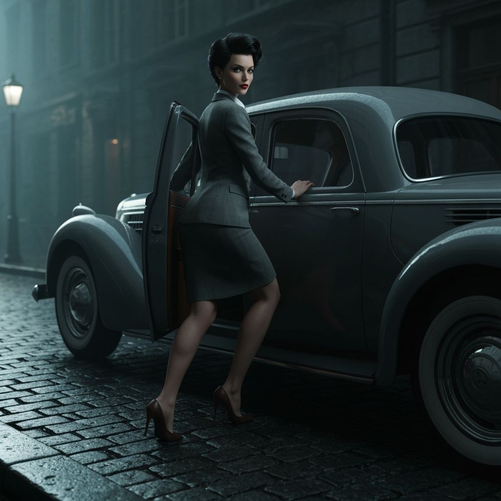 1940s Woman Exits Vintage Car on Cobblestone Street