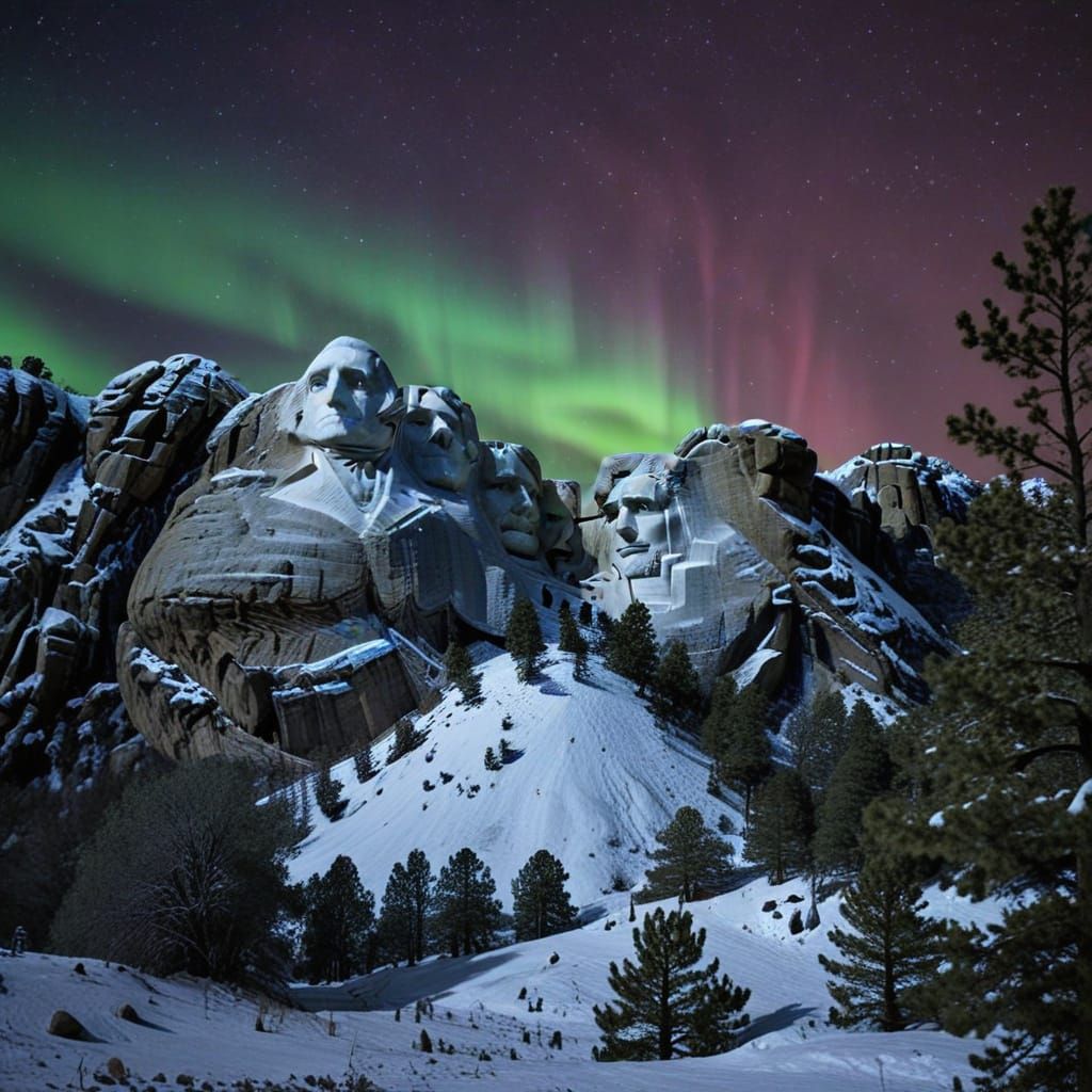 Overgrown Mount Rushmore Under Winter Aurora