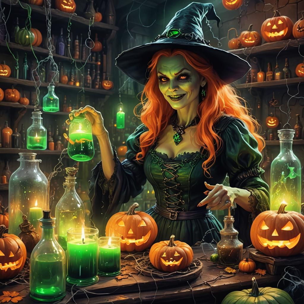 Happy Halloween Witch in Spooky Laboratory: Digital Art