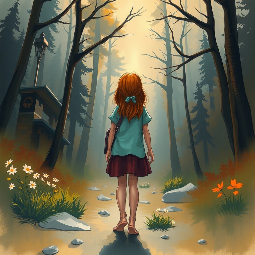 Redhead Girl Visits Silent Hill in Gouache