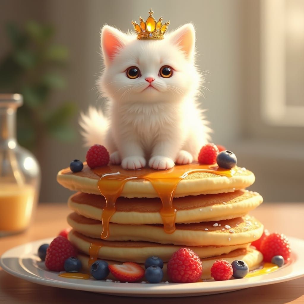 Whimsical Kitten Reigns Over a Towering Stack of Fluffy Panc...