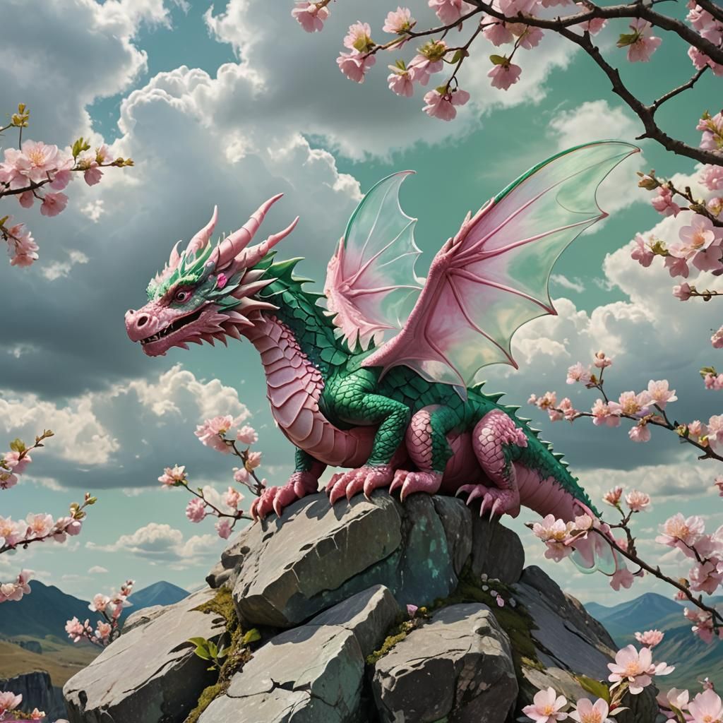 Dragon with Translucent Wings in Pink and Green