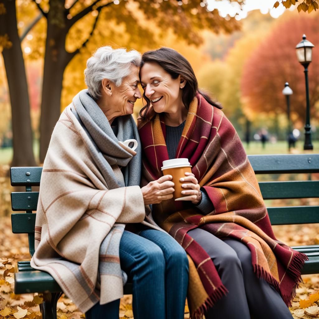 A tender moment between an age gap lesbian couple sitting on a park bench in the fall, wrapped in a cozy blanket, sharin...