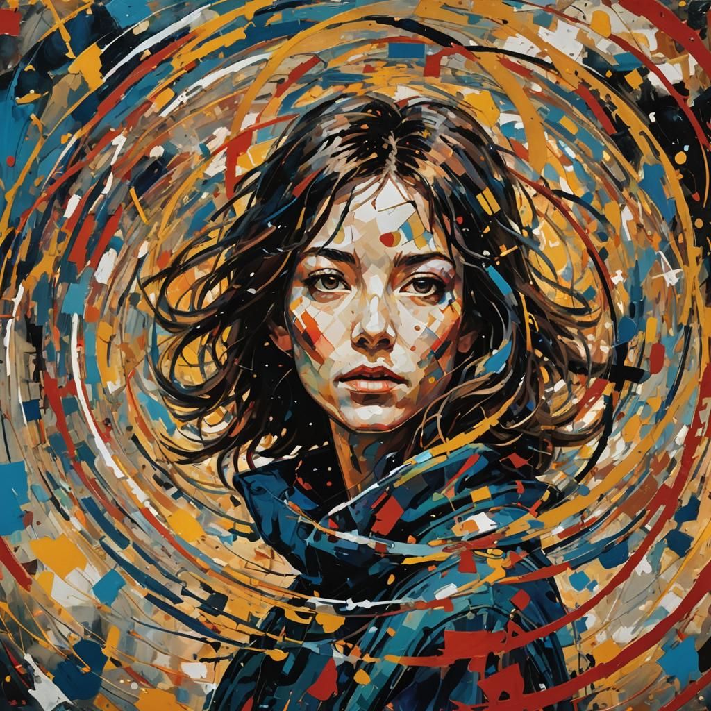 Abstract Portrait with Circles and Squares in Anime Style