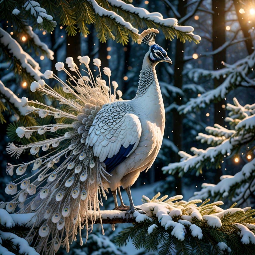 Ethereal White Peacock in Winter Wonderland Scene