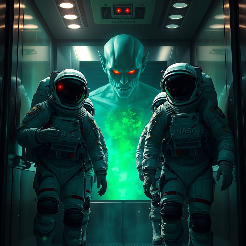 NASA Astronauts Board Elevator with Hidden Martian Manhunter