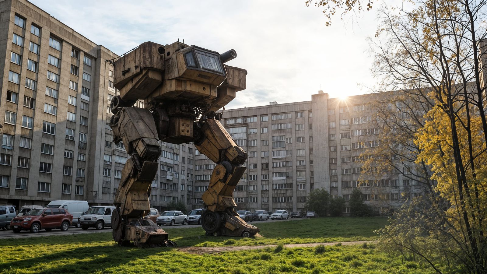Retrofuturistic Strider in Abandoned Soviet Panel Building