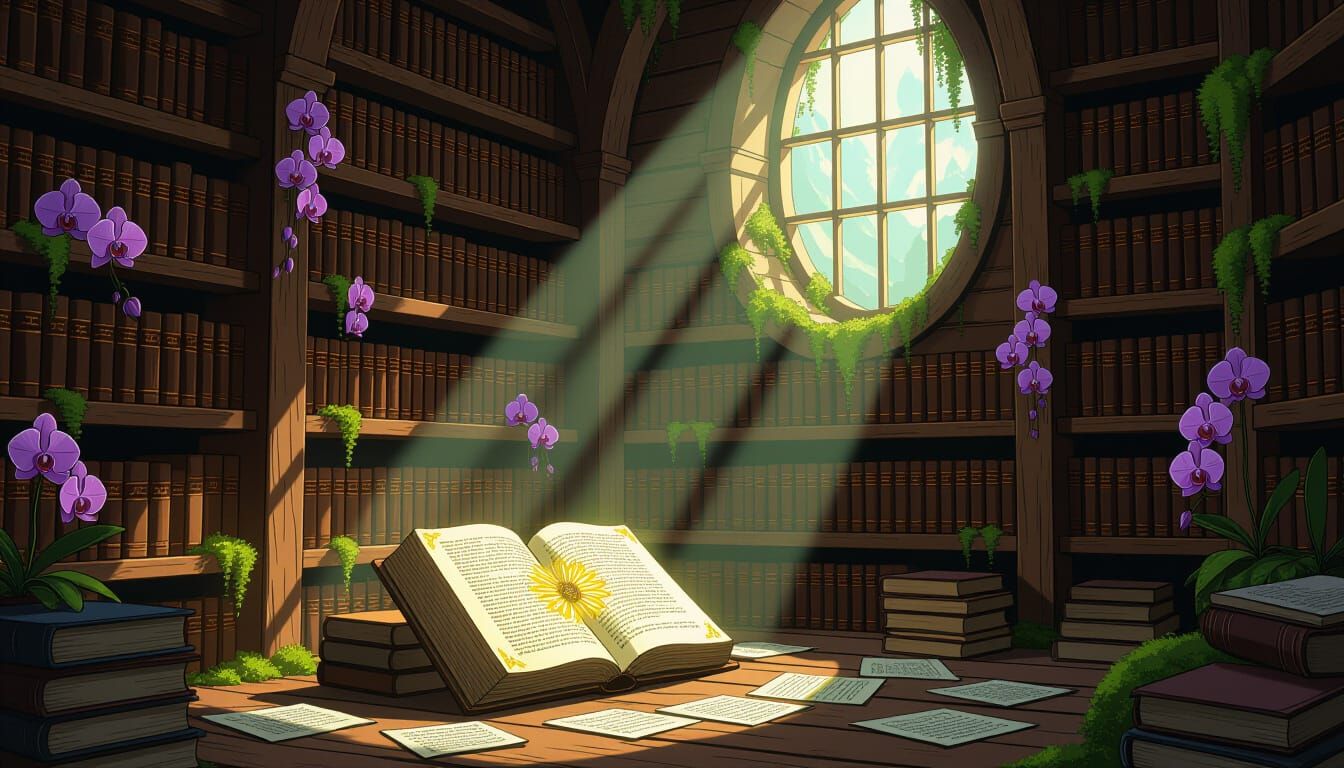 Serene Mountain Monastery Library with Glowing Mandala