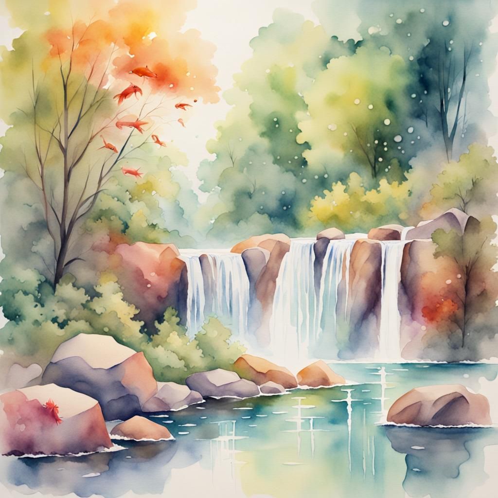 Watercolor Waterfall Landscape with Lush Vegetation