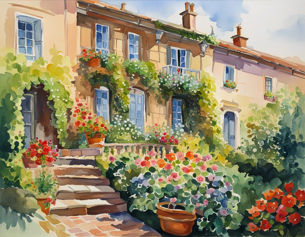 Terraced House with Flower Garden in Gouache Style