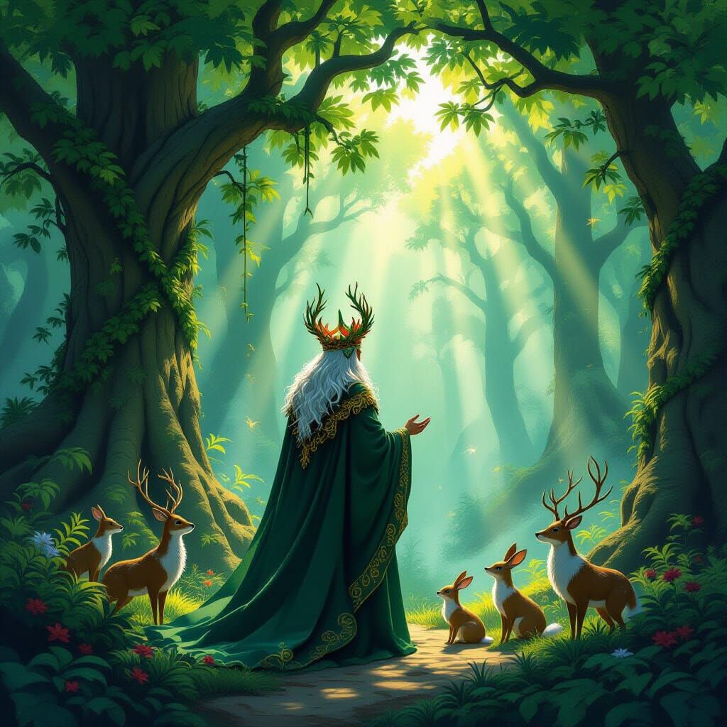 Forest King Crowned with Vines in Sun-Dappled Ancient Woods