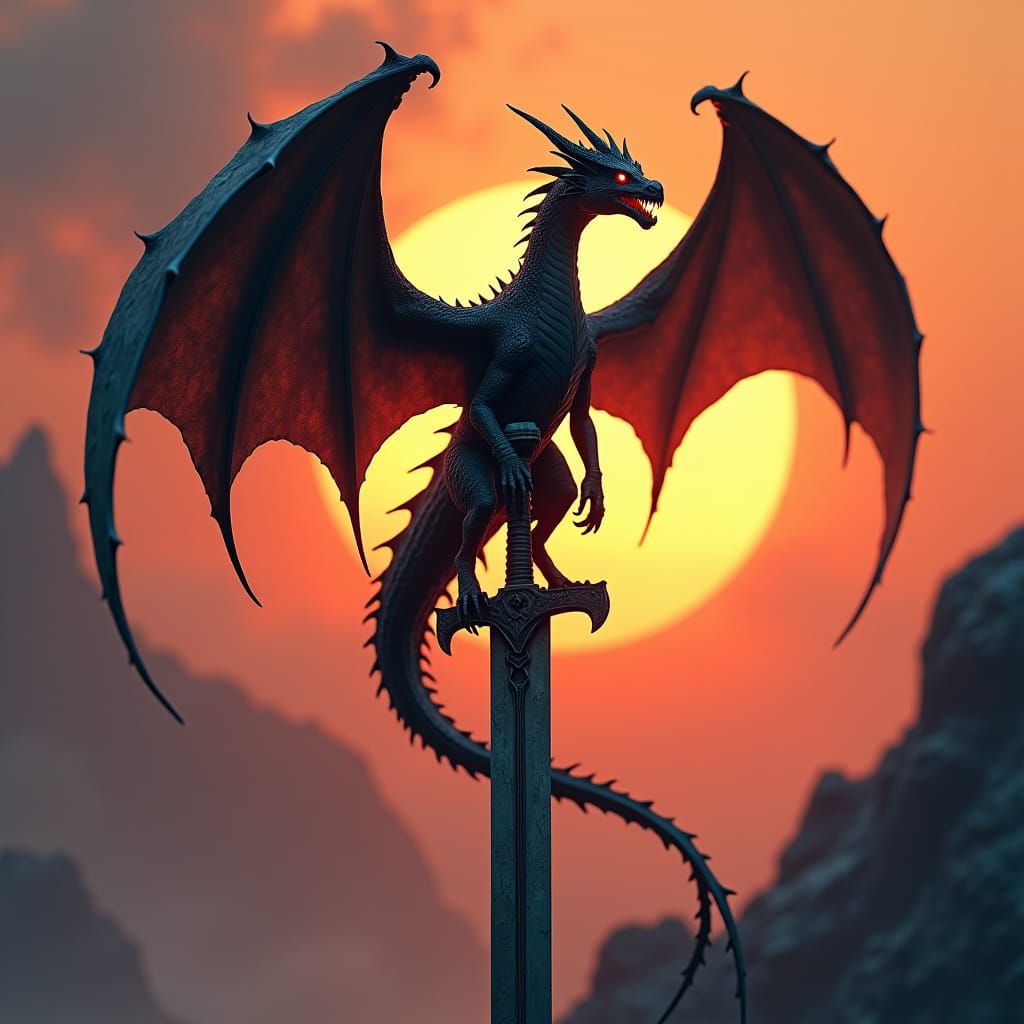 Black Dragon on Sword: A Fantasy Art Piece