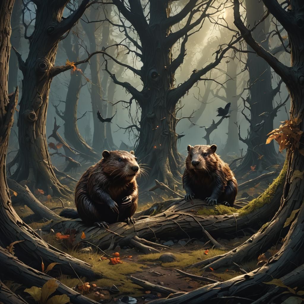 Devilish Beaver Gnawing Willow Root: Dark Fantasy Art
