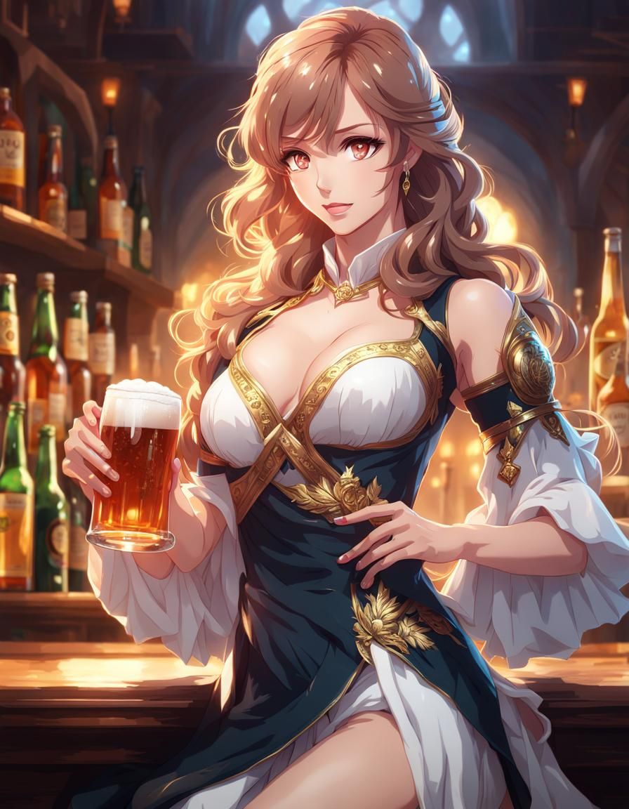 Gorgeous Woman Drinking Beer in HD Anime Style
