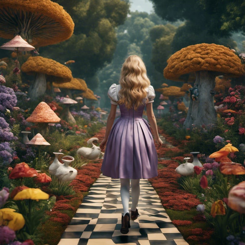 Alice in Wonderland on Checkered Path, Detailed 3D Art