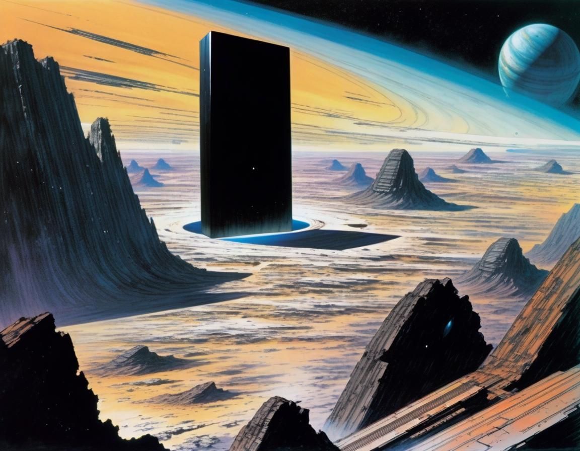 Black Monolith Orbiting Jupiter in Manga Style