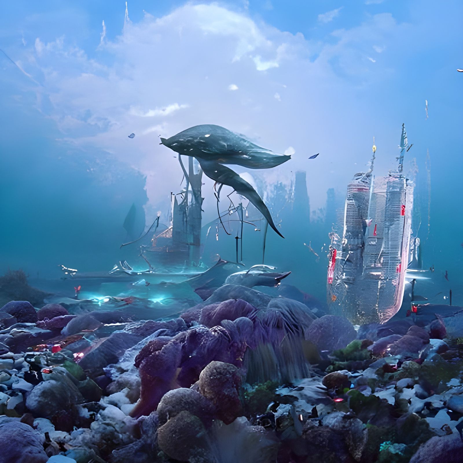 Holographic Marine Life in Astral Cyberpunk Landscape