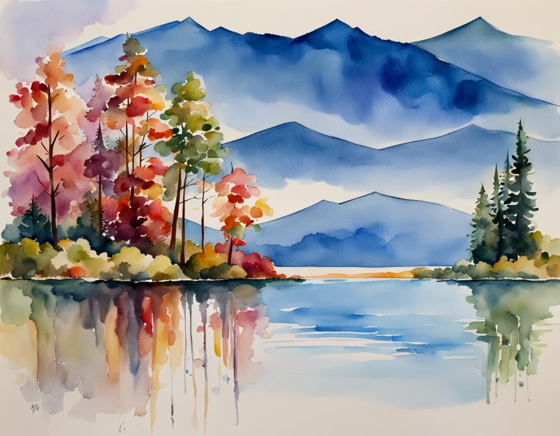 Watercolor Country Home with Lake and Mountains