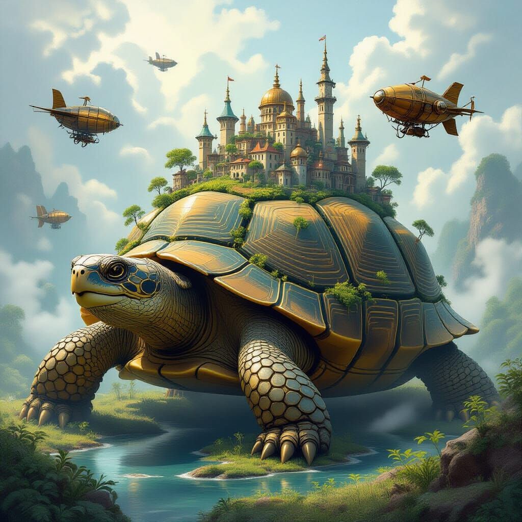 Steampunk City on a Giant Tortoise Shell