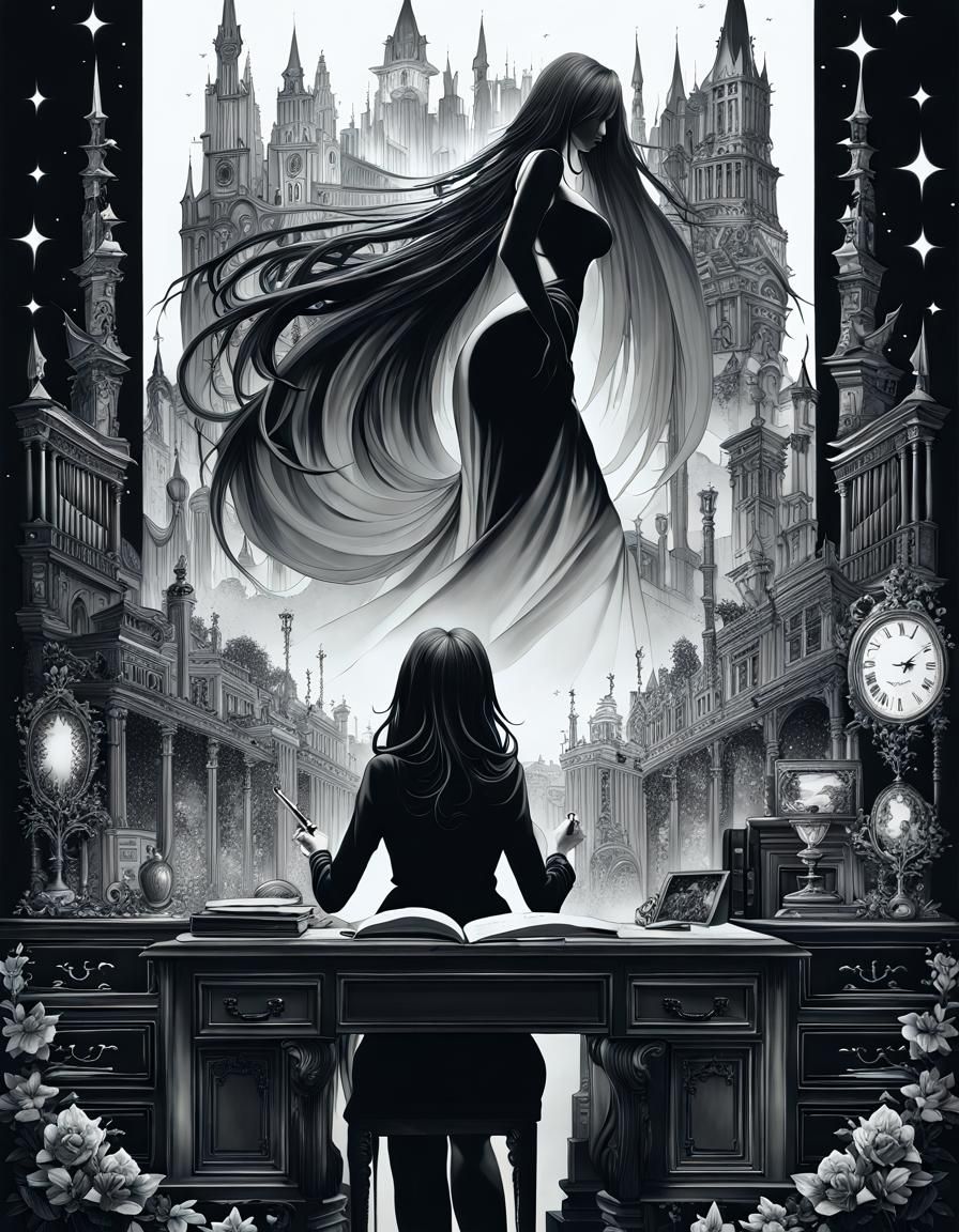 Muse Inspiring a Writer: Surreal Colorful Painting