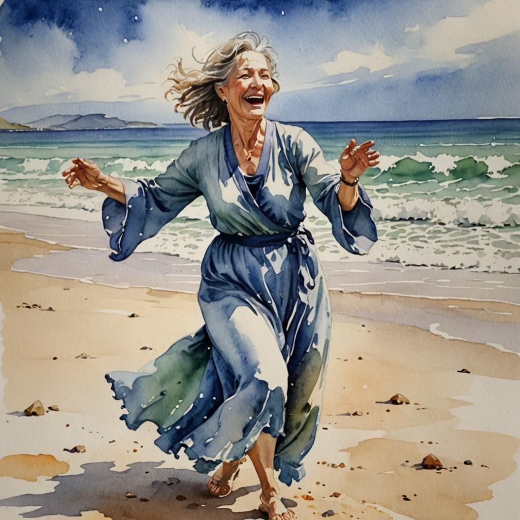 Joyous Woman Dancing on Beach in Watercolor