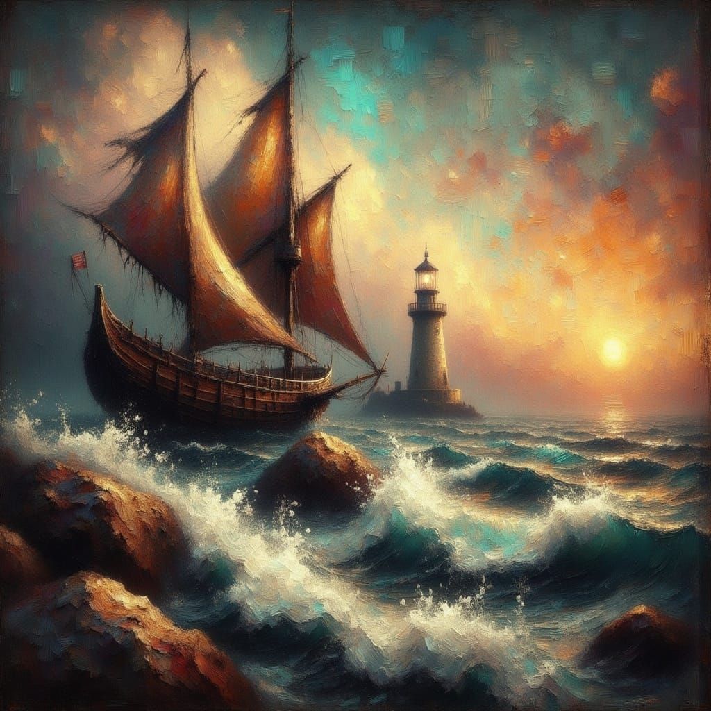 Ship at Sea with Lighthouse: Grungy Impasto Painting