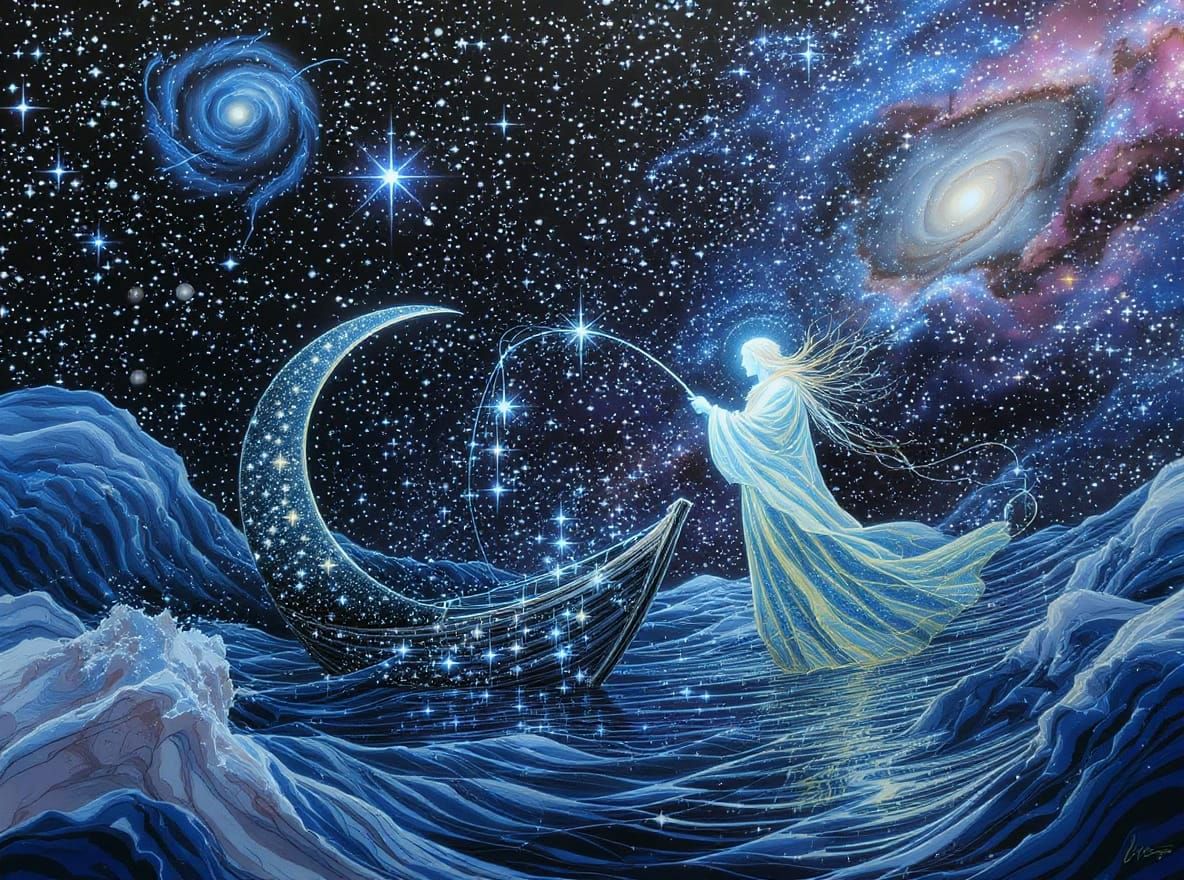 Celestial Fisherman Casting Starlight in Cosmic Sea