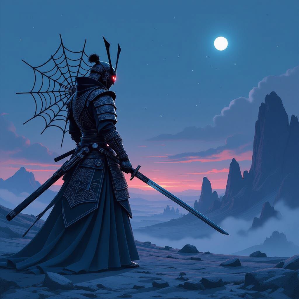 Futuristic Samurai Warrior in Spiderweb Armor