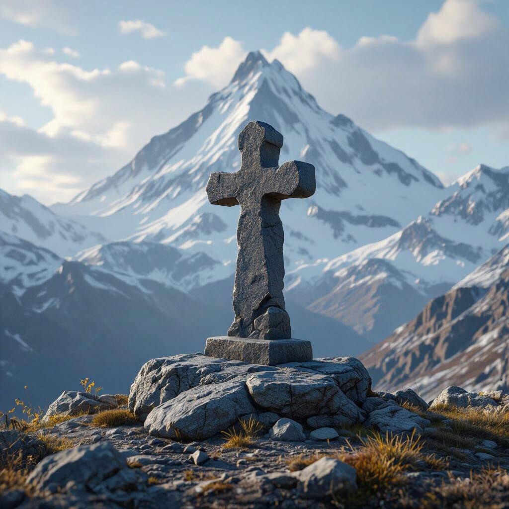 Majestic Stone Cross Overlooking Ocean, Photorealistic