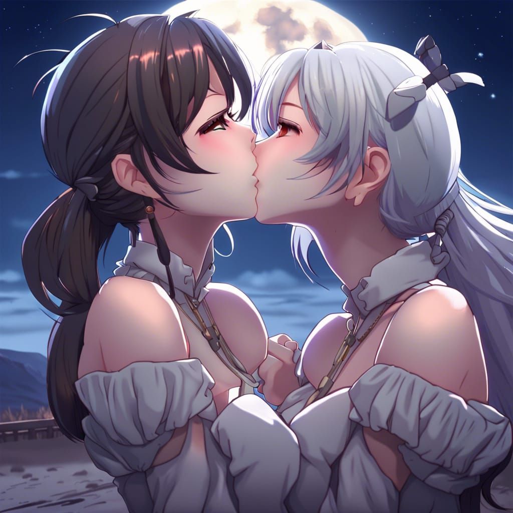 Anime Gamer Girls Kissing Under Moonlight