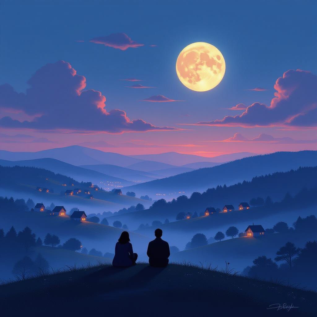 Figure on Hilltop Overlooking Glowing Cottages at Twilight