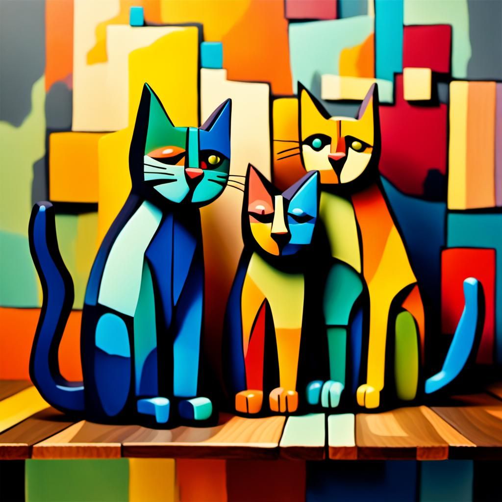 Whimsical Cubist Cat Figurines on a Wooden Table