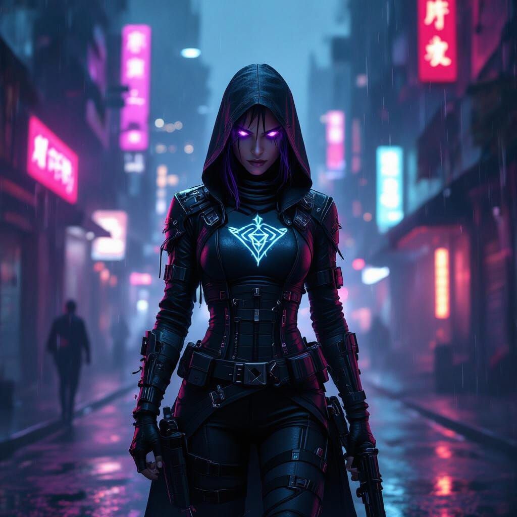 Demon Hunter in Neon Dystopian Cityscape