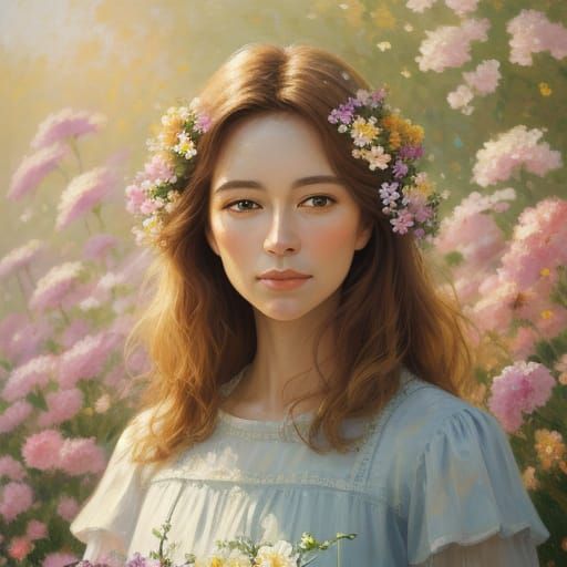 Glowing Flowers Surround Woman in Impressionist Portrait