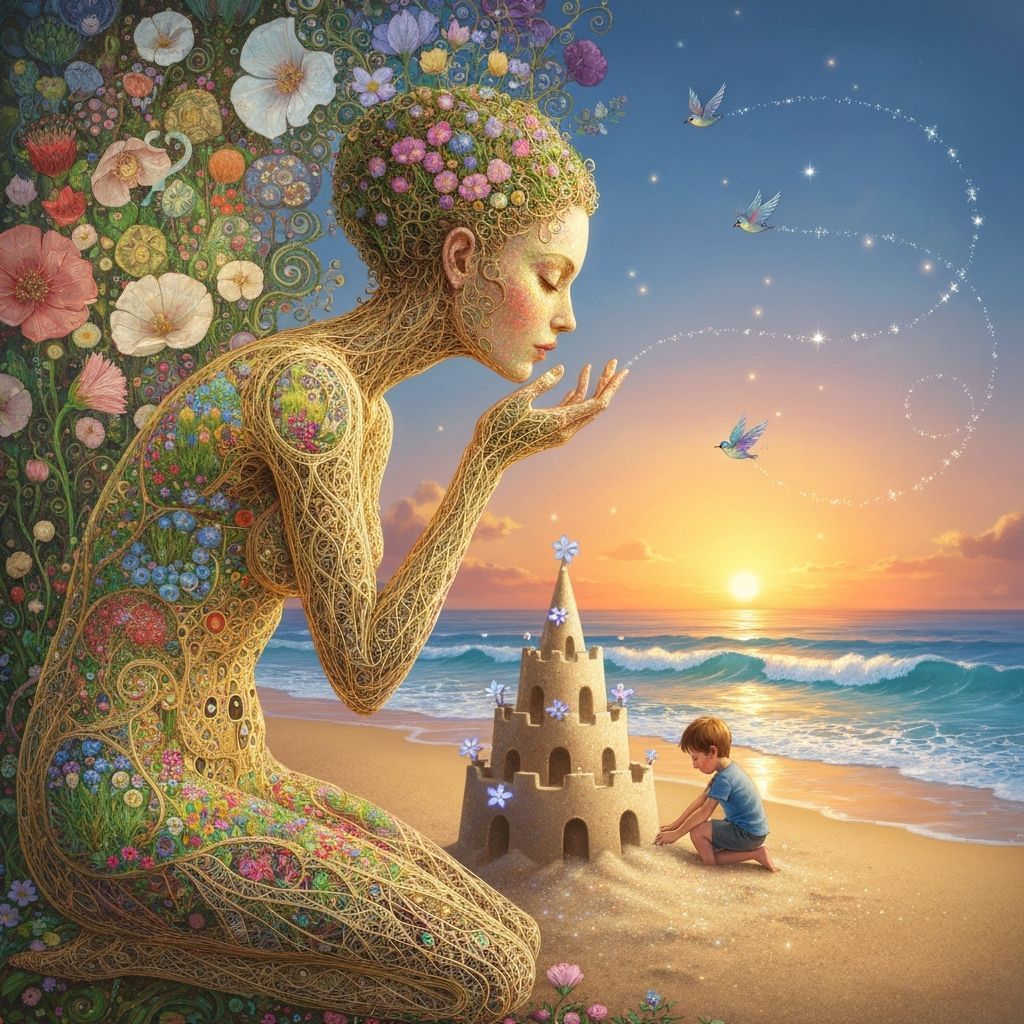 Filigree Woman Kisses Surreal Garden in Klimt & Haeckel Styl...